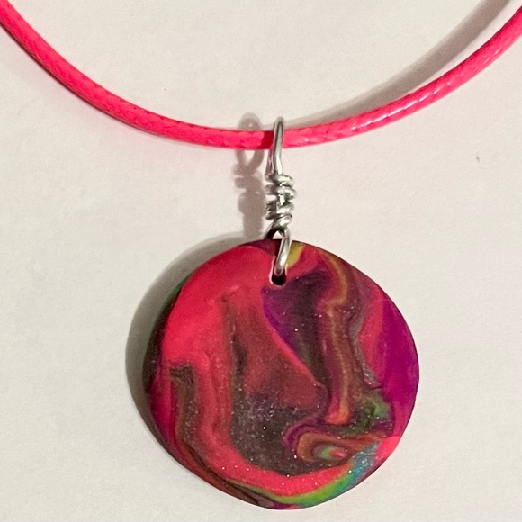 Handmade Reversible Clay Necklace Hot Pink Purple Blue One of a Kind - Picture 2 of 8